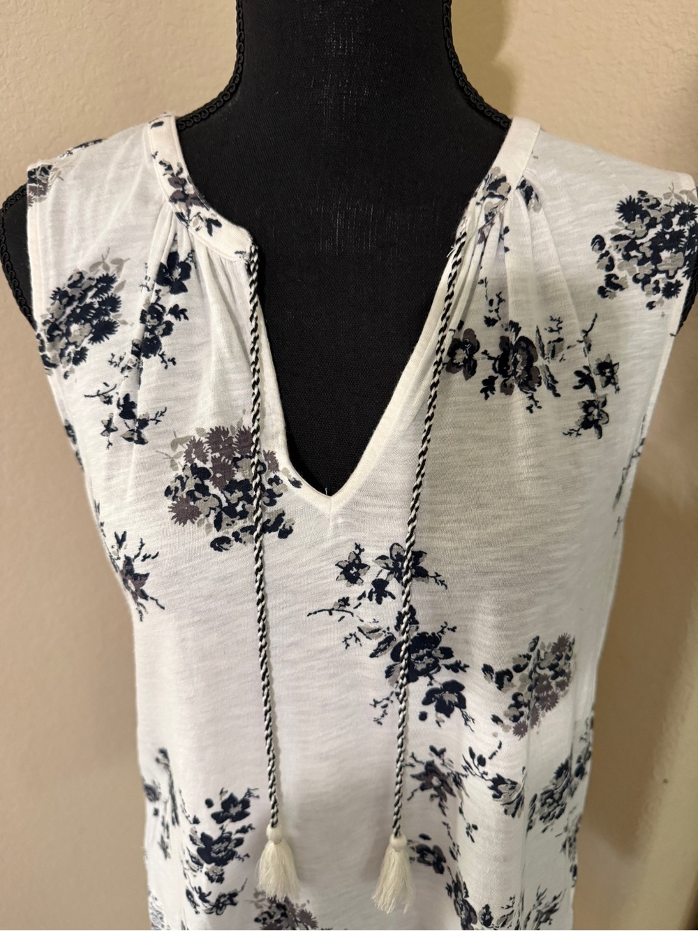Lucky Brand White Sleeveless Tank with Black Floral Pattern